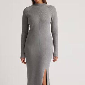 Quince Grey Eco-Knit Ribbed Mock Neck Sweater Dress, Small